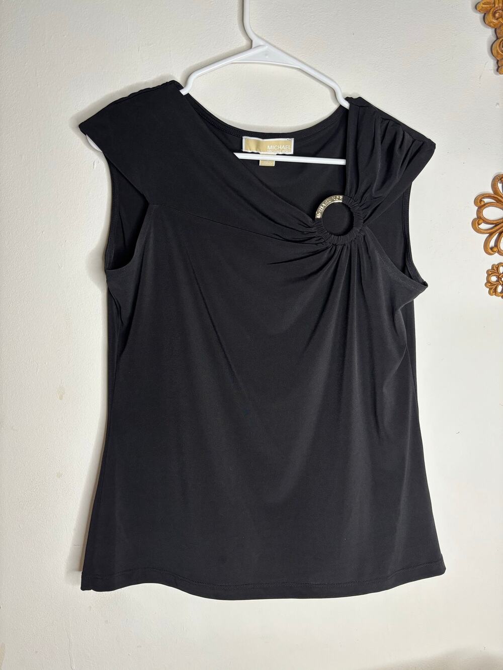 Michael Kors Black Asymmetric Ring Blouse Size M Sleeveless Draped Top